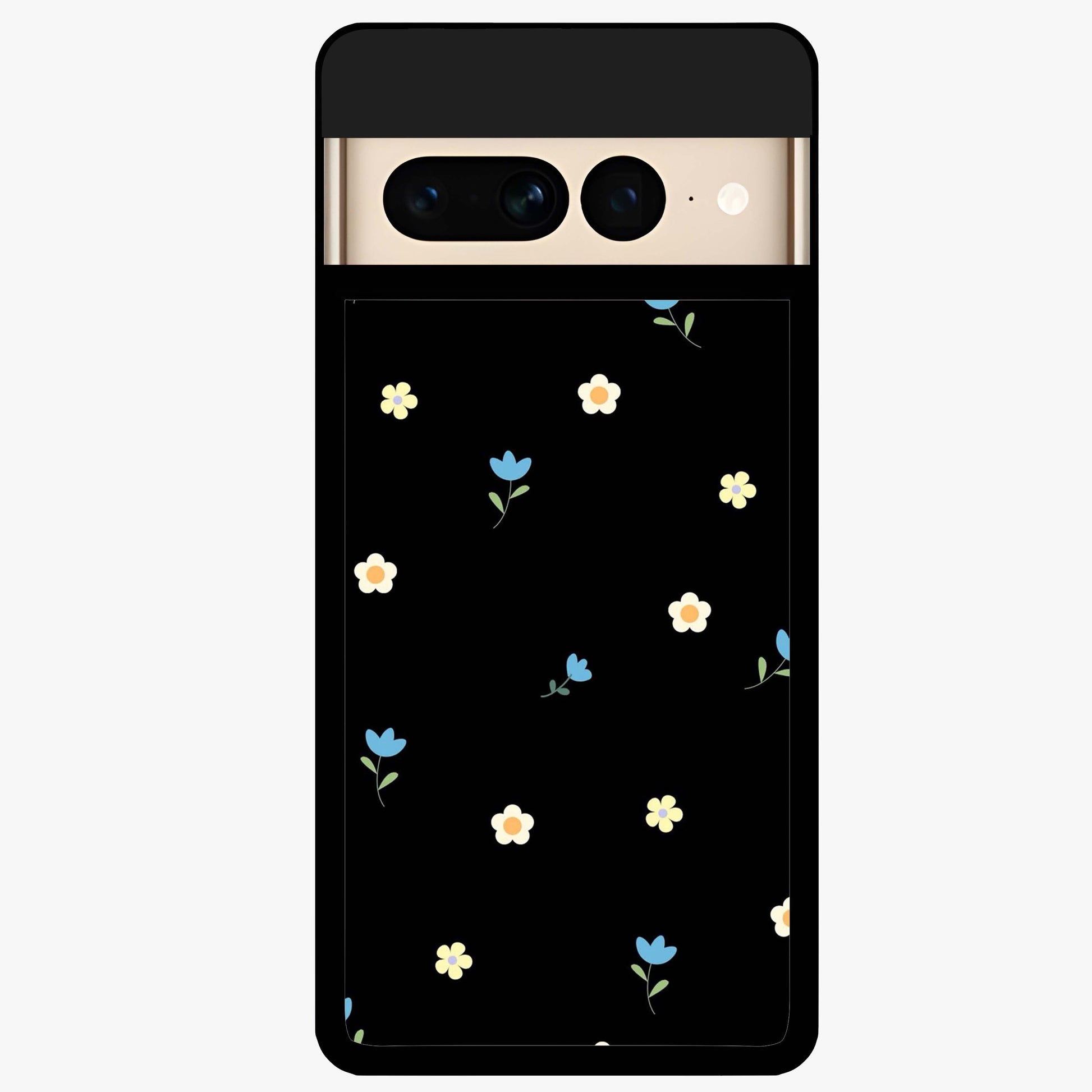 Minimalistic Blue With White Flower Pattern Glass Case showing flat back view with blue background and white flower pattern and glossy glass finish.