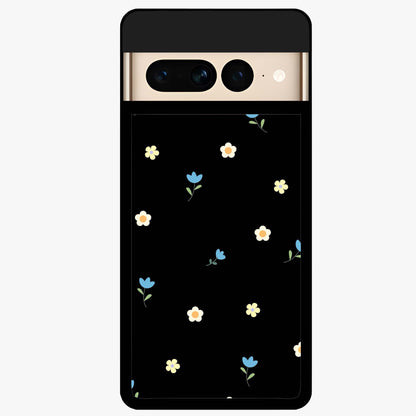 Minimalistic Blue With White Flower Pattern Glass Case showing flat back view with blue background and white flower pattern and glossy glass finish.