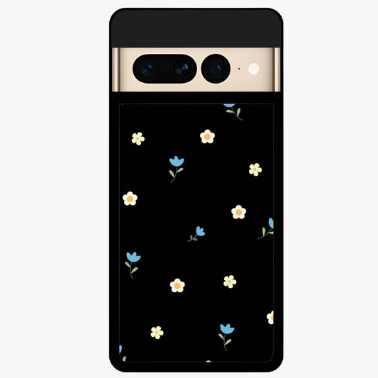Minimalistic Blue With White Flower Pattern Glass Case showing flat back view with blue background and white flower pattern and glossy glass finish.