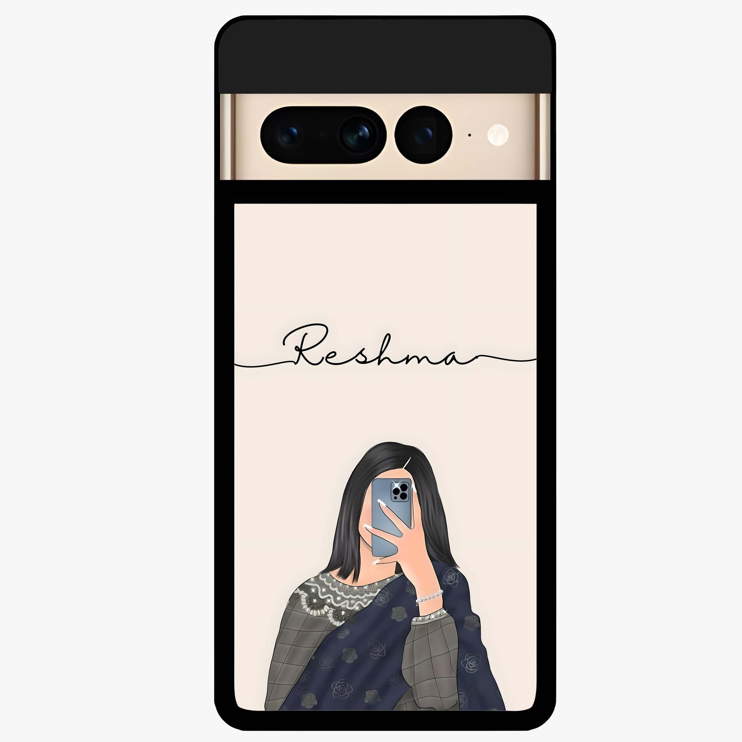 Mirror Mood Muse With Custom Name Glass Case showing flat back view with stylish mirrored artwork and personalized name design.