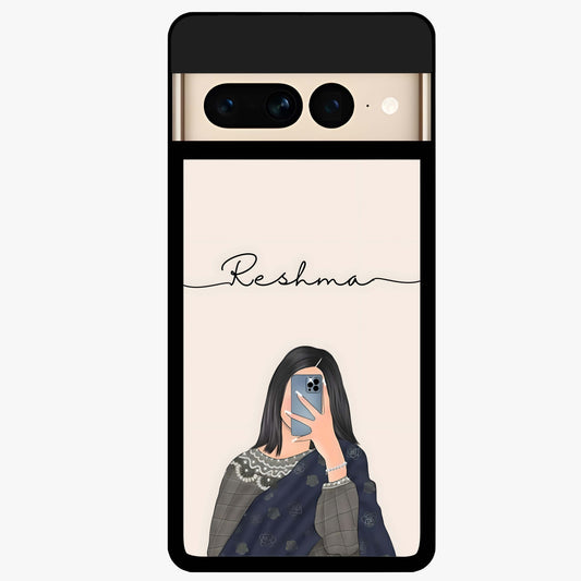 Mirror Mood Muse With Custom Name Glass Case showing flat back view with stylish mirrored artwork and personalized name design.