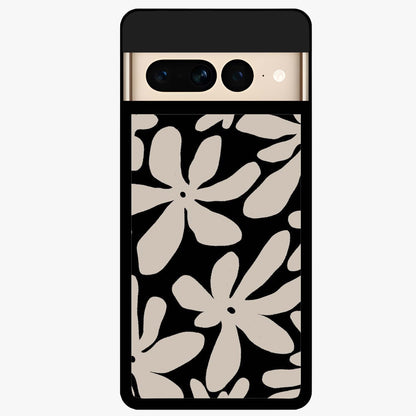 Monochrome Petal Dance Glass Case showing flat back view with monochrome floral artwork and glossy glass finish.