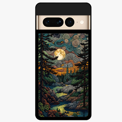 Moonlight Forest Dream Glass Case showing flat back view with mystical forest moonlight artwork and glossy glass finish.