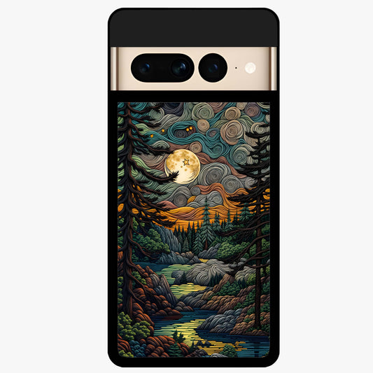 Moonlight Forest Dream Glass Case showing flat back view with mystical forest moonlight artwork and glossy glass finish.