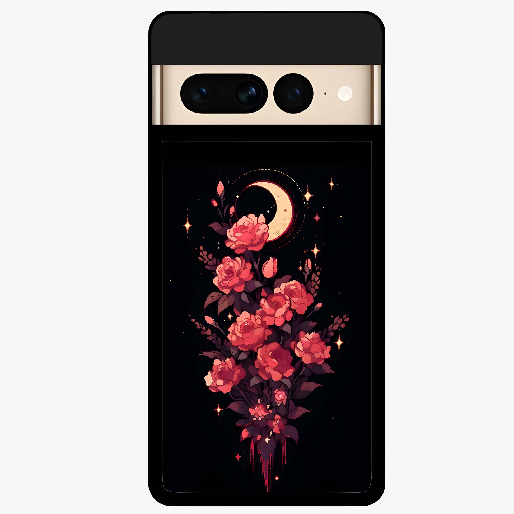 Moonlit Floral Elegance Glass Case showing flat back view with elegant floral artwork under moonlit tones and glossy glass finish.