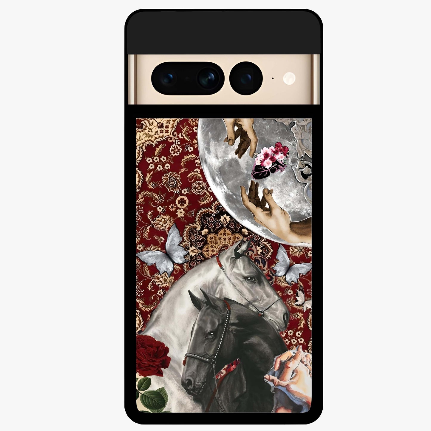 Moonlit Royal Stallion Glass Case showing flat back view with majestic horse under moonlight artwork and glossy glass finish.