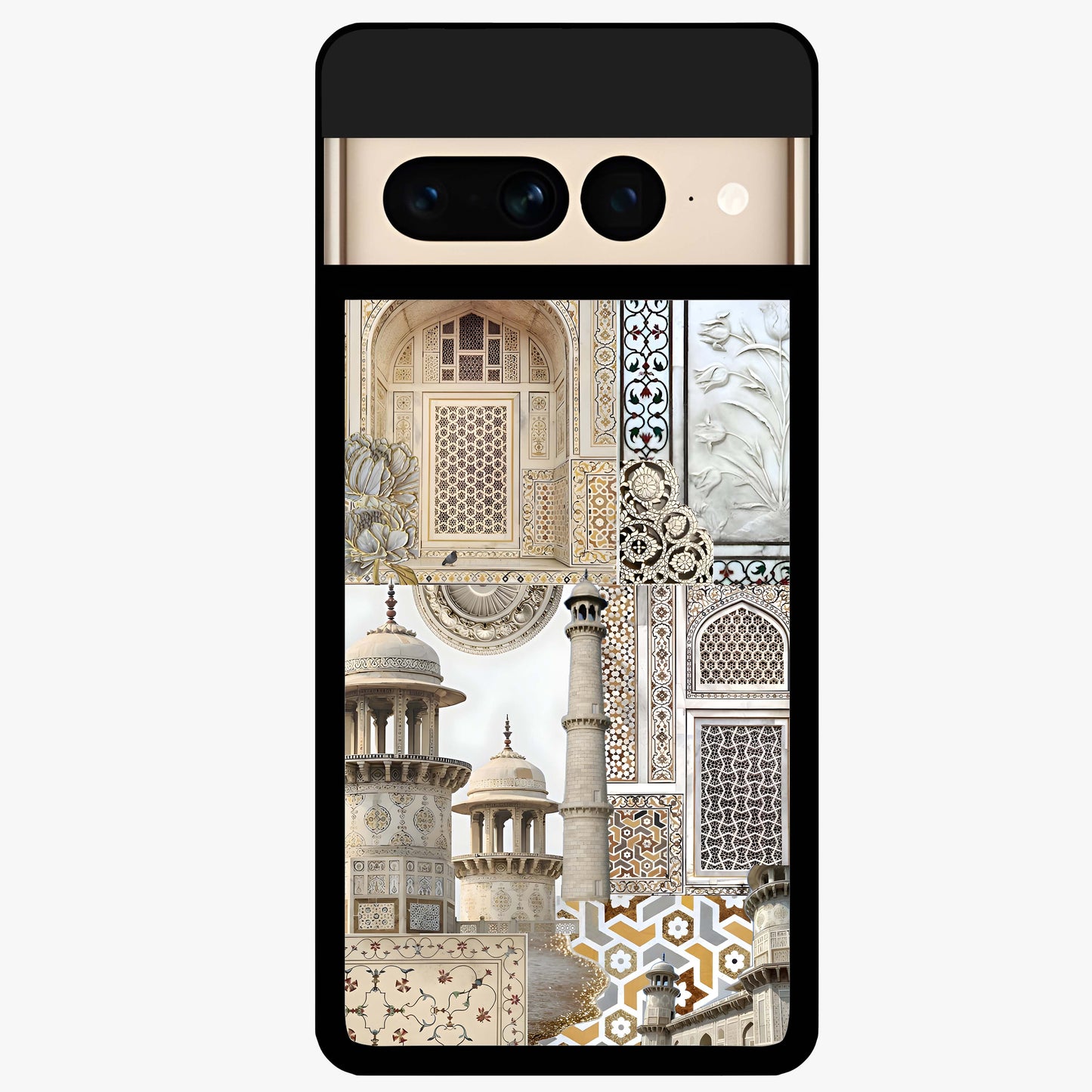 Mughal Marble Legacy Glass Case showing flat back view with intricate Mughal inspired marble pattern and glossy glass finish.