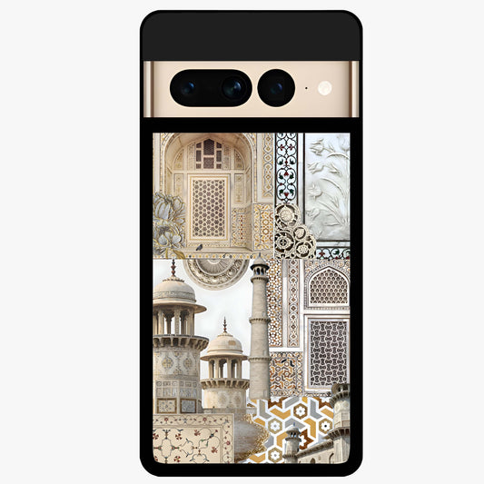 Mughal Marble Legacy Glass Case showing flat back view with intricate Mughal inspired marble pattern and glossy glass finish.