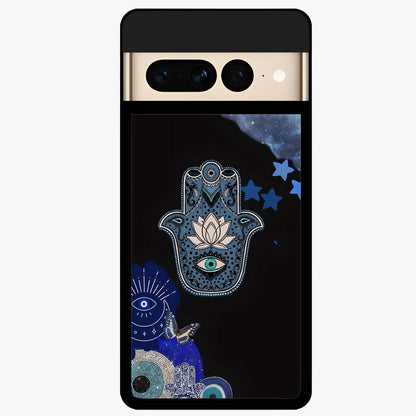 Mystic Hand Aura Glass Case showing flat back view with mystical hand symbol artwork and glossy glass finish.