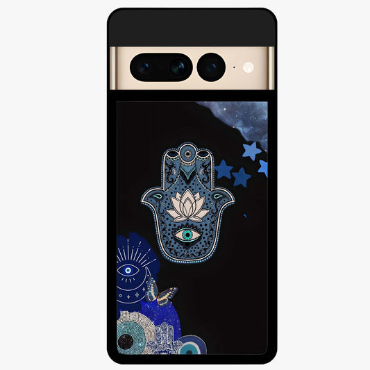 Mystic Hand Aura Glass Case showing flat back view with mystical hand symbol artwork and glossy glass finish.
