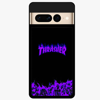Neon Flame Riot Glass Case showing flat back view with neon flame artwork and glossy glass finish.