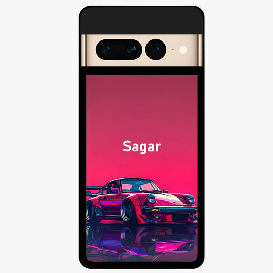 Neon Pink Porsche Glass Case showing flat back view with stylish sports car artwork and glossy glass finish.