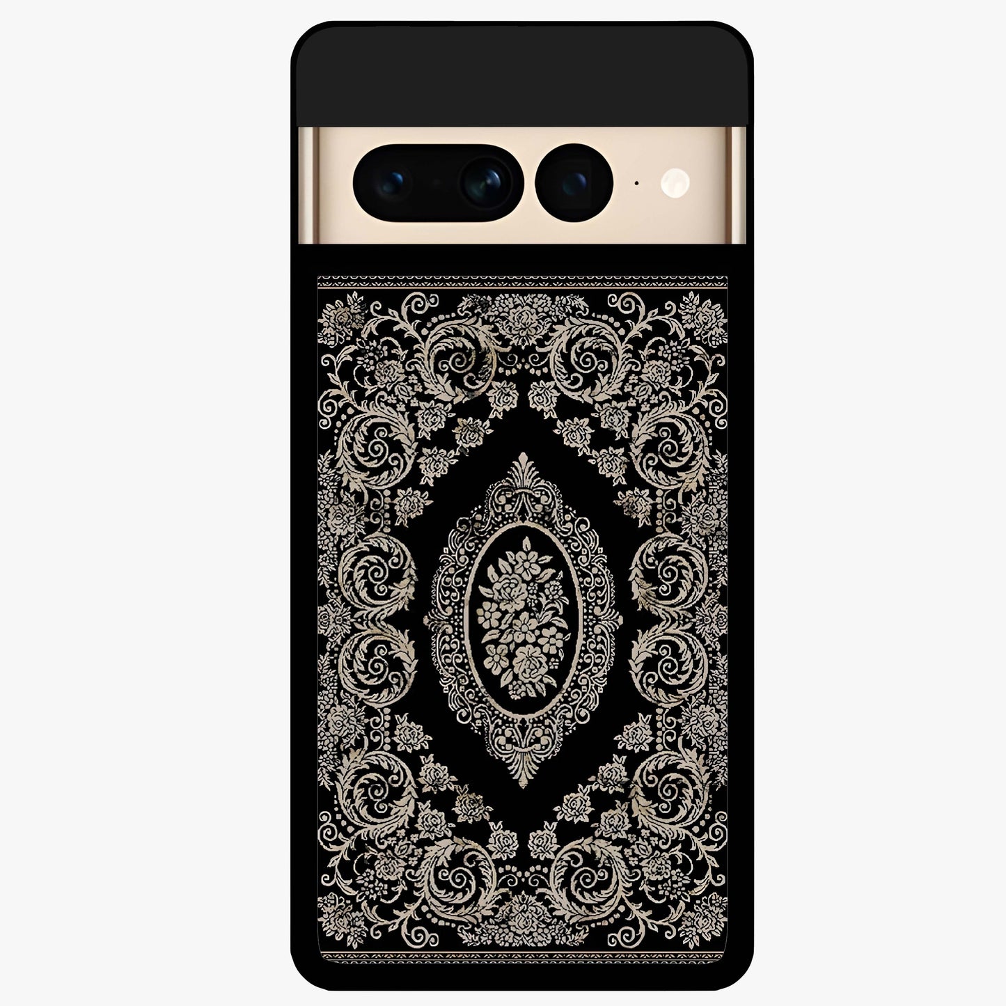 Noir Bloom Elegance Glass Case showing flat back view with elegant dark floral artwork and glossy glass finish.
