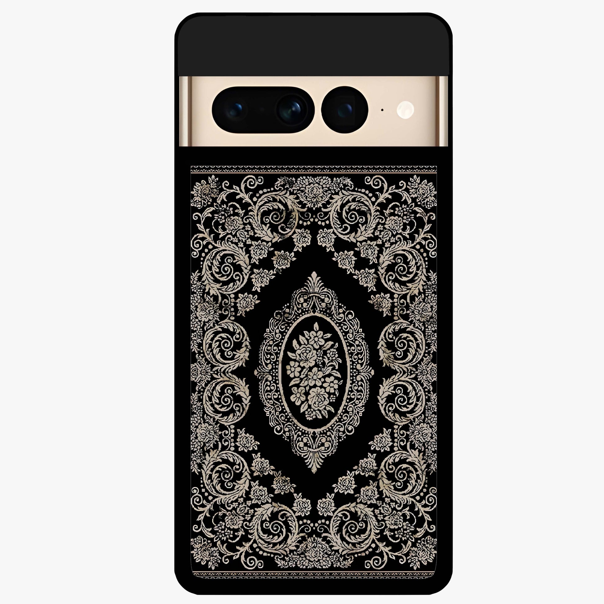 Noir Bloom Elegance Glass Case showing flat back view with elegant dark floral artwork and glossy glass finish.