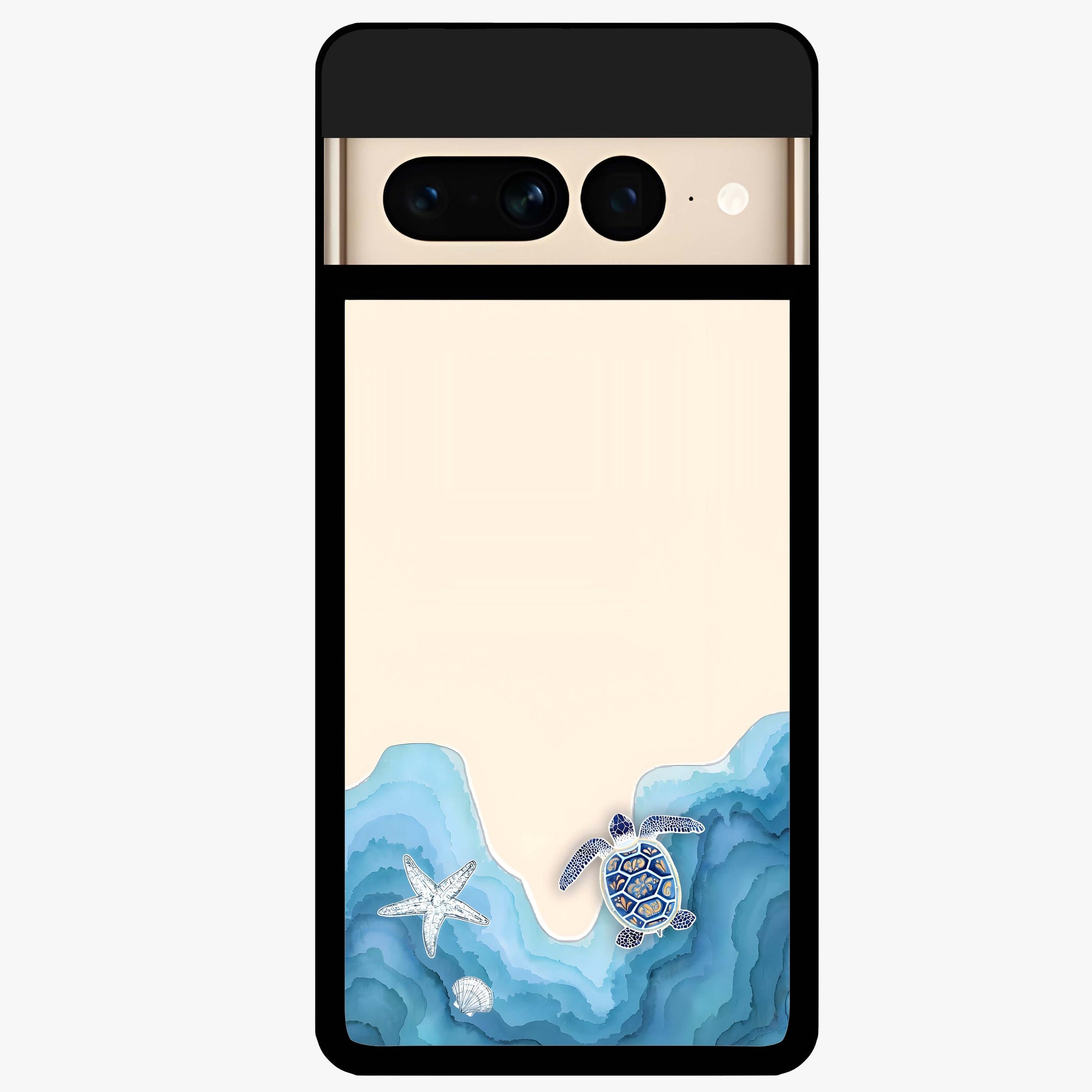 Ocean Drift Turtle Glass Case showing flat back view with sea turtle artwork and glossy glass finish.