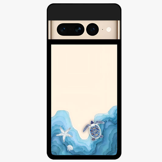 Ocean Drift Turtle Glass Case showing flat back view with sea turtle artwork and glossy glass finish.