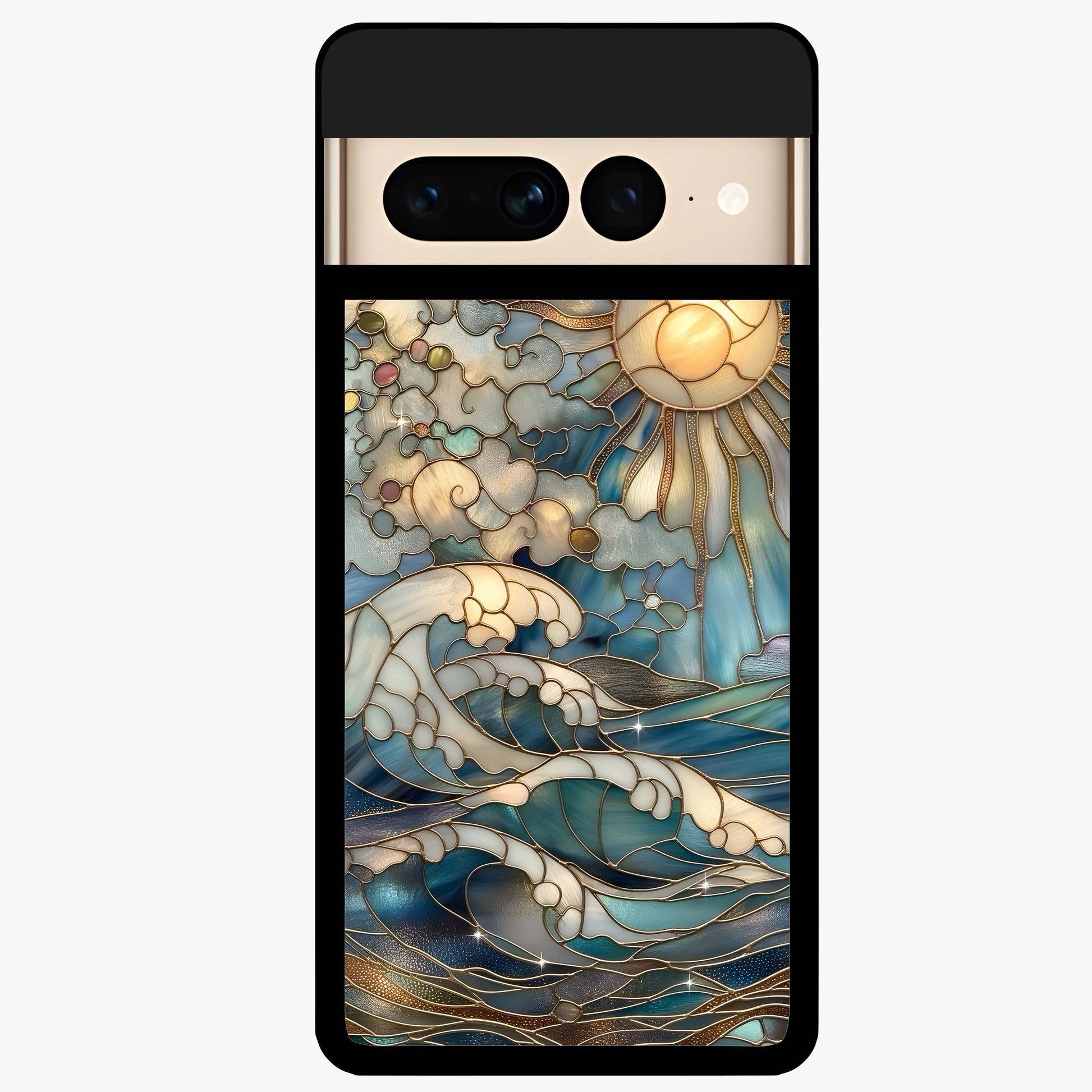 Oceanic Stained Printed Glass Case showing flat back view with ocean inspired stained pattern artwork and glossy glass finish.