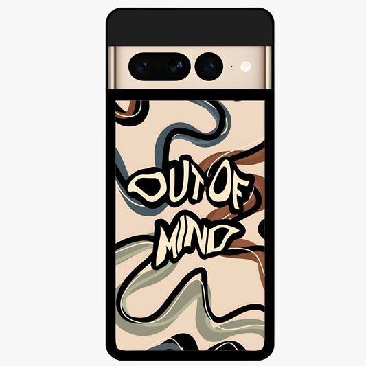 Out Of Mind Glass Case showing flat back view with expressive typography artwork and glossy glass finish.