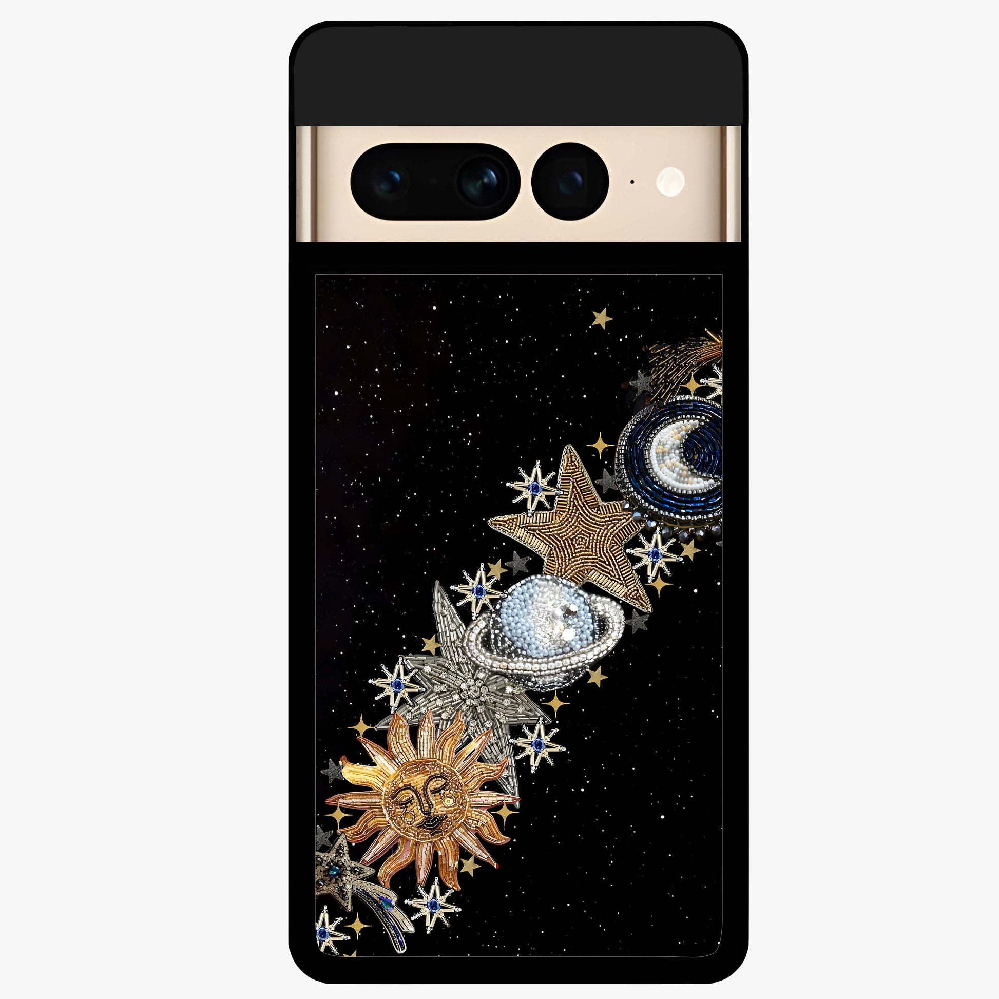 Pearls Universe Object Glass Case showing flat back view with pearl inspired cosmic artwork and glossy glass finish.