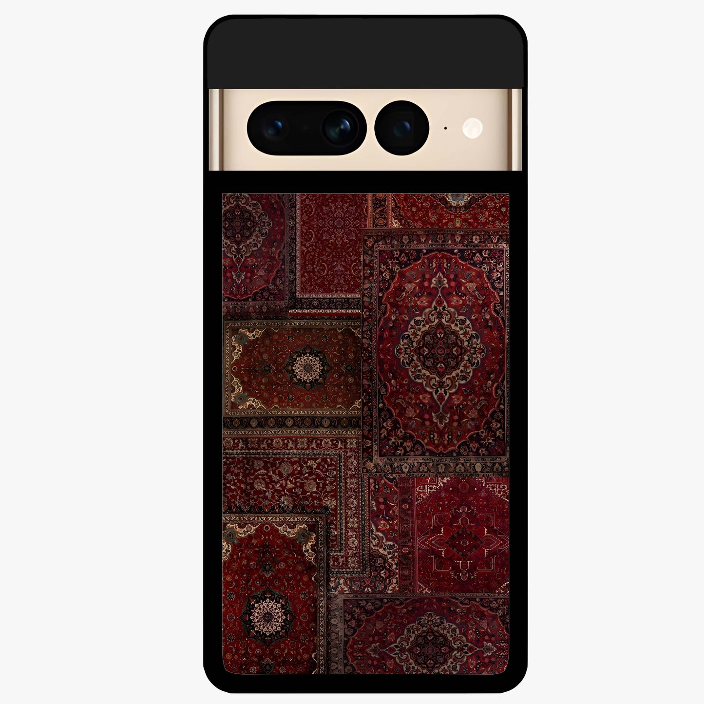 Persian Velvet Tale Glass Case showing flat back view with luxurious Persian velvet pattern artwork and glossy glass finish.