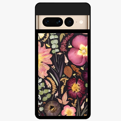 Petal Dream Tapestry Glass Case showing flat back view with intricate floral tapestry artwork and glossy glass finish.