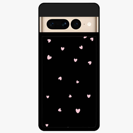 Pink Love Drops Glass Case showing flat back view with playful pink heart drops artwork and glossy glass finish.