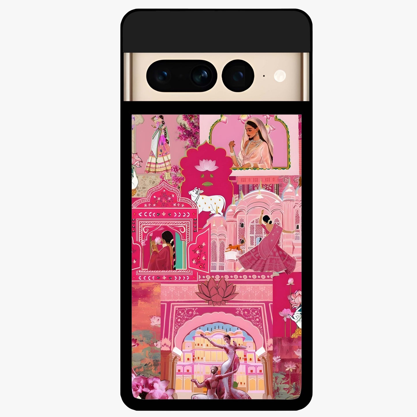 Pink Palace Muse Glass Case showing flat back view with elegant palace inspired artwork and glossy glass finish.