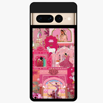 Pink Palace Muse Glass Case showing flat back view with elegant palace inspired artwork and glossy glass finish.