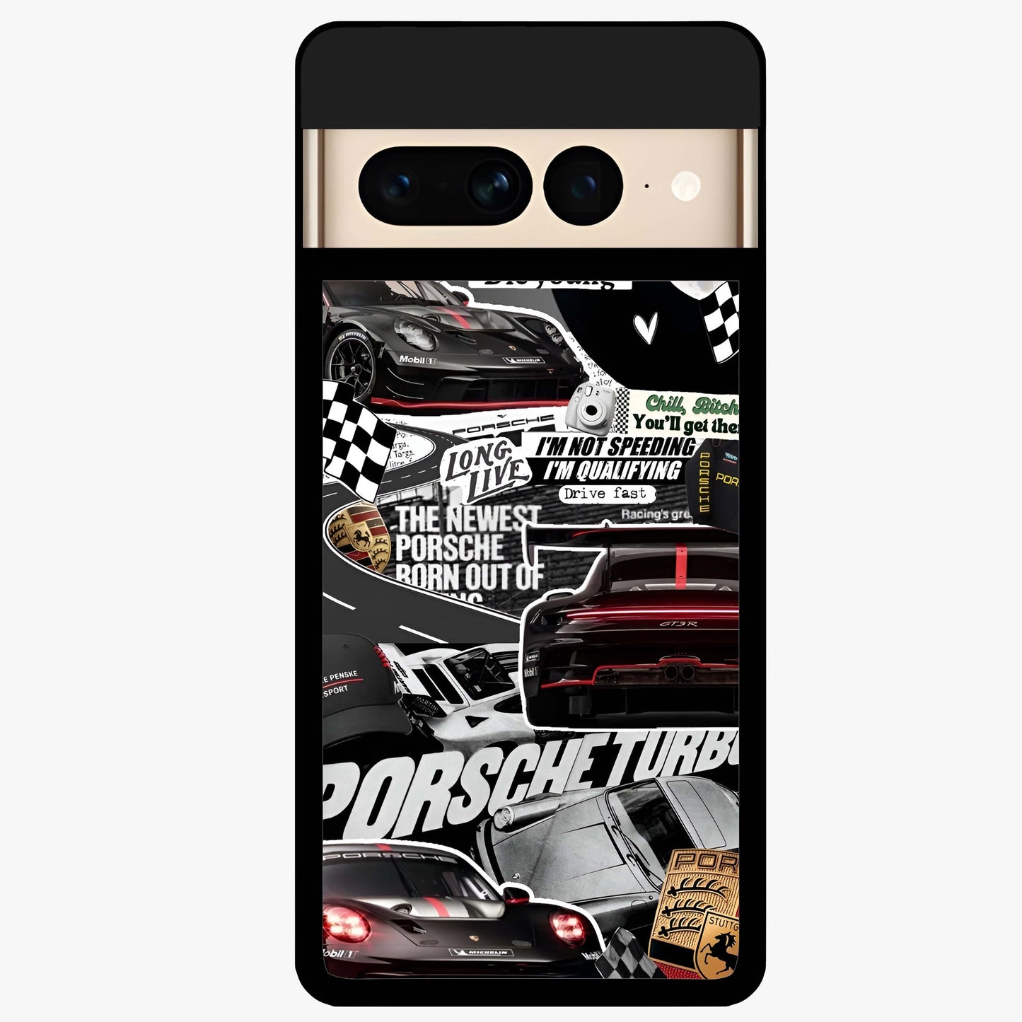 Porsche Racing Collage Glass Case showing flat back view with sports car racing collage artwork and glossy glass finish.