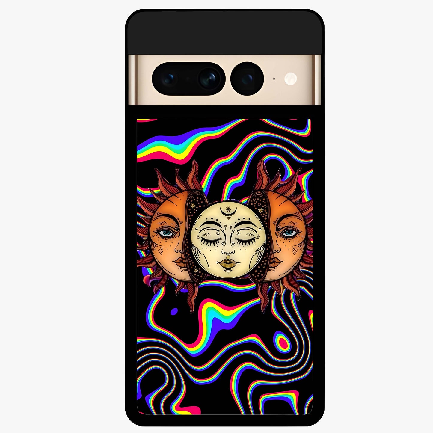Psychedelic Sun Glass Case showing flat back view with colorful psychedelic sun artwork and glossy glass finish.