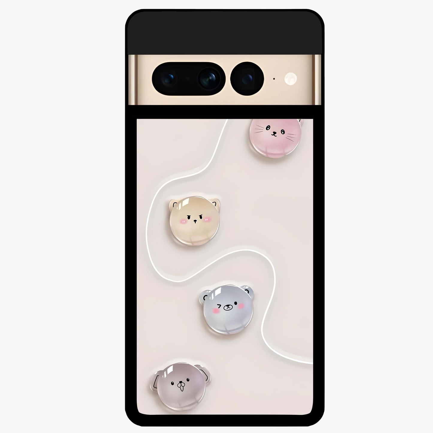 Puffy Face Parade Glass Case showing flat back view with cute puffy character faces artwork and glossy glass finish.