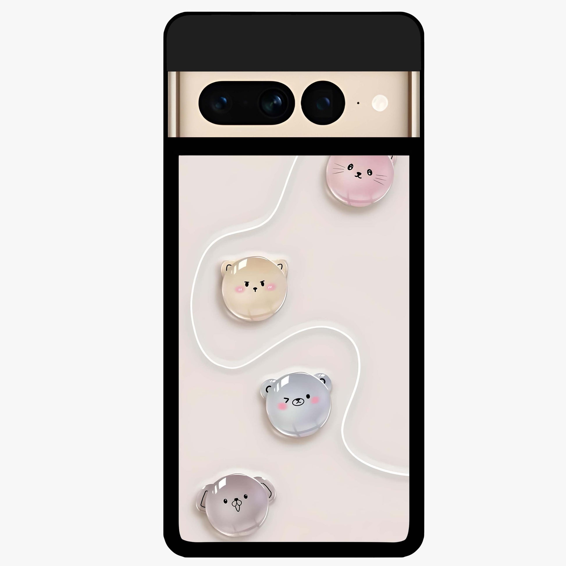 Puffy Face Parade Glass Case showing flat back view with cute puffy character faces artwork and glossy glass finish.