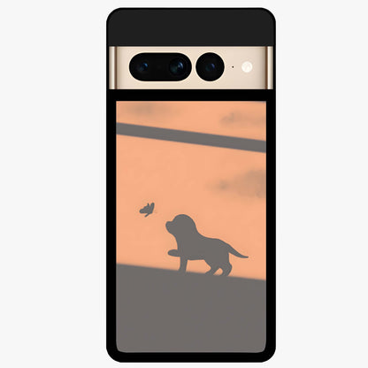 Puppy Shadow Art Glass Case showing flat back view with cute puppy shadow style artwork and glossy glass finish.