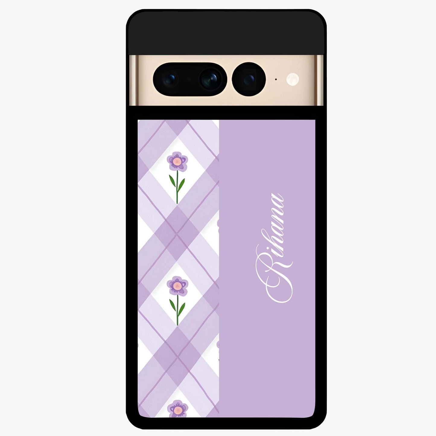 Purple Diamond Floral Glass Case showing flat back view with diamond shaped floral artwork and glossy glass finish.