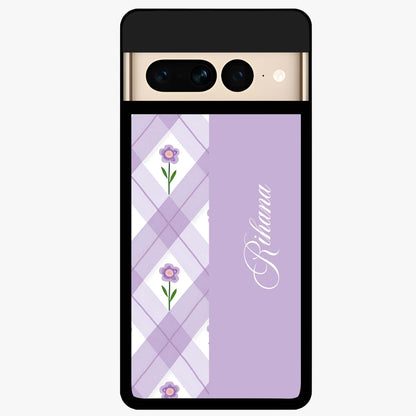 Purple Diamond Floral Glass Case showing flat back view with diamond shaped floral artwork and glossy glass finish.
