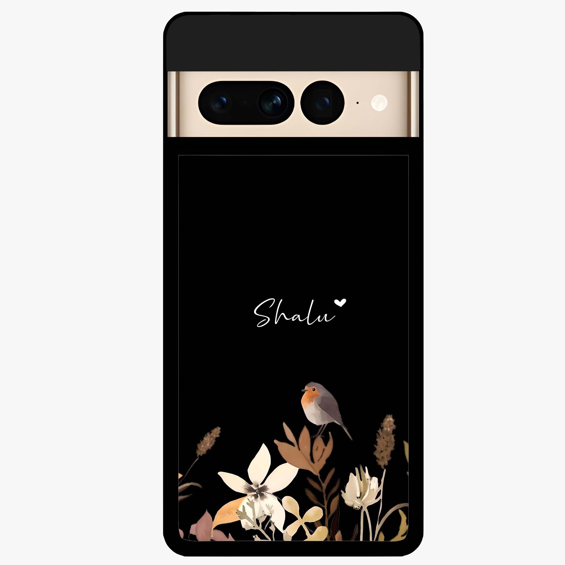 Quiet Garden Tune Custom Name Glass Case showing flat back view with peaceful garden artwork and personalized name design.