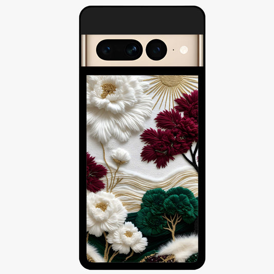 Radiant Bloom Elegance Glass Case showing flat back view with elegant blooming flower artwork and glossy glass finish.