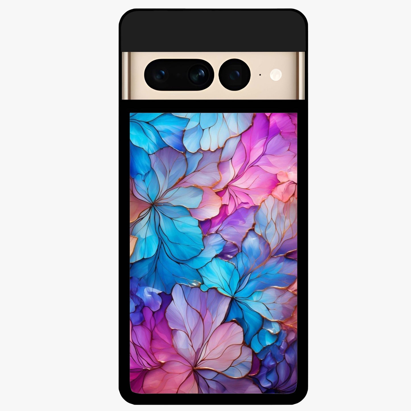 Radiant Floral Whirl Glass Case showing flat back view with swirling floral artwork and glossy glass finish.