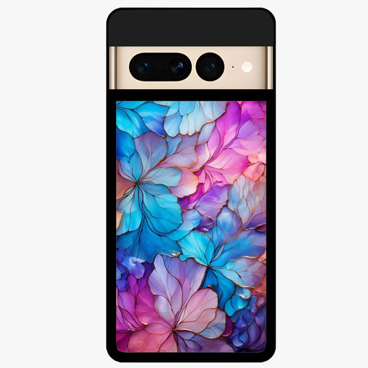 Radiant Floral Whirl Glass Case showing flat back view with swirling floral artwork and glossy glass finish.