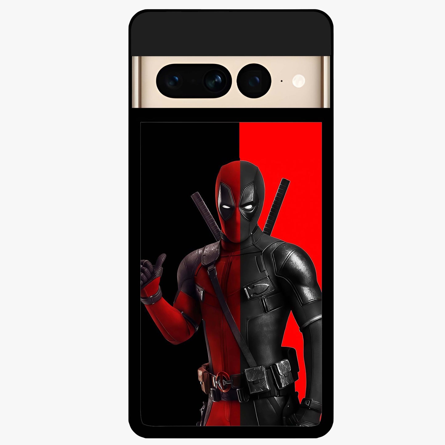 Red & Black Deadpool Theme Glass Case showing flat back view with bold comic inspired artwork and glossy glass finish.