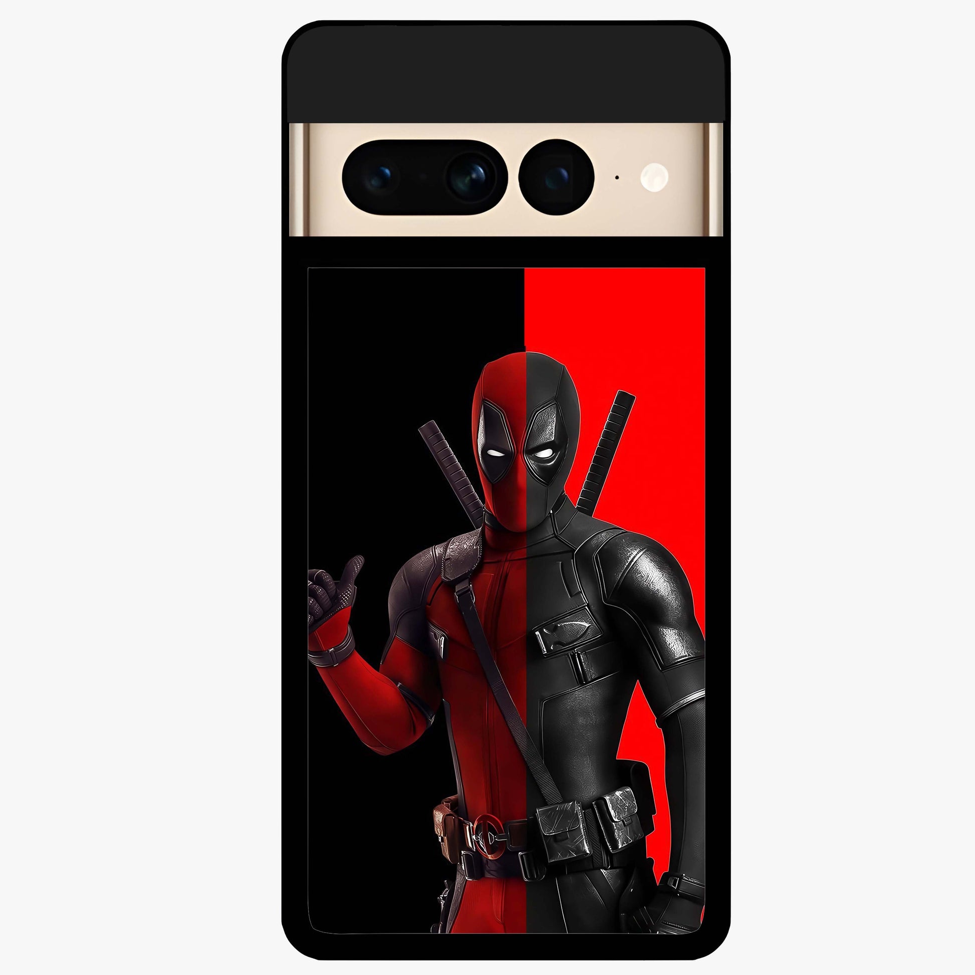 Red & Black Deadpool Theme Glass Case showing flat back view with bold comic inspired artwork and glossy glass finish.
