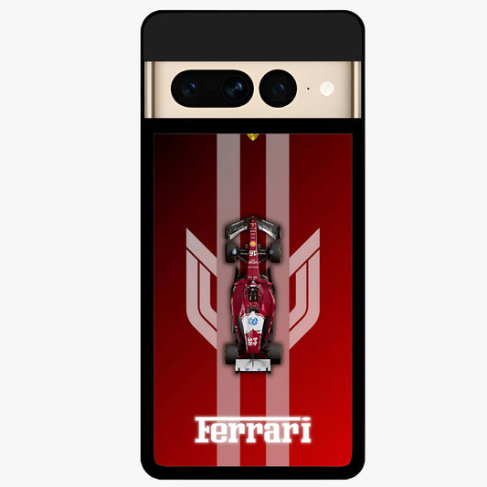 Red Ferrari F1 Vertical Glass Case showing flat back view with sleek Formula racing car artwork and glossy glass finish.