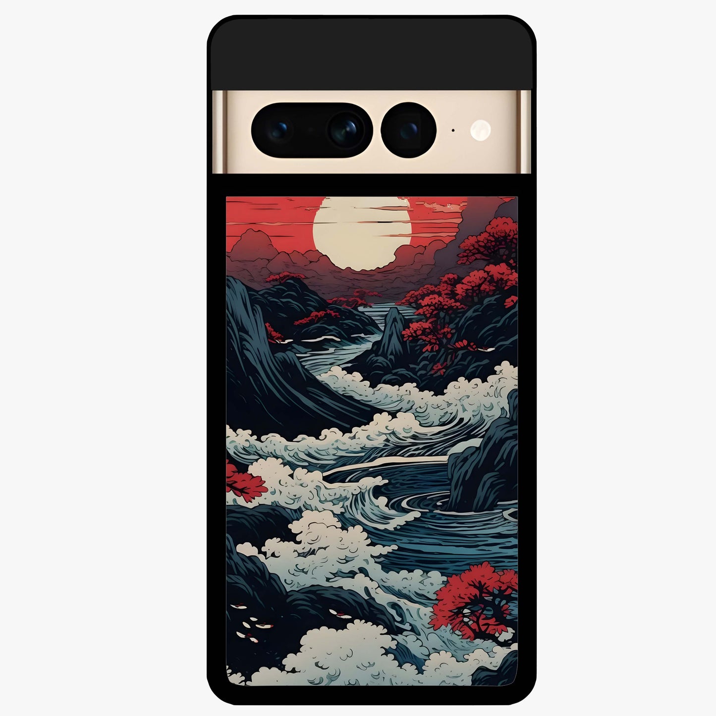 Red Sunset Scenery Glass Case showing flat back view with vibrant sunset landscape artwork and glossy glass finish.