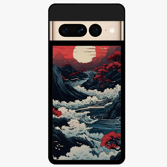 Red Sunset Scenery Glass Case showing flat back view with vibrant sunset landscape artwork and glossy glass finish.
