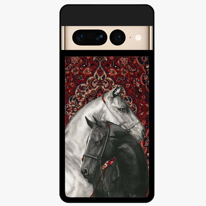Regal Stallion Tapestry Glass Case showing flat back view with majestic horse tapestry artwork and glossy glass finish.