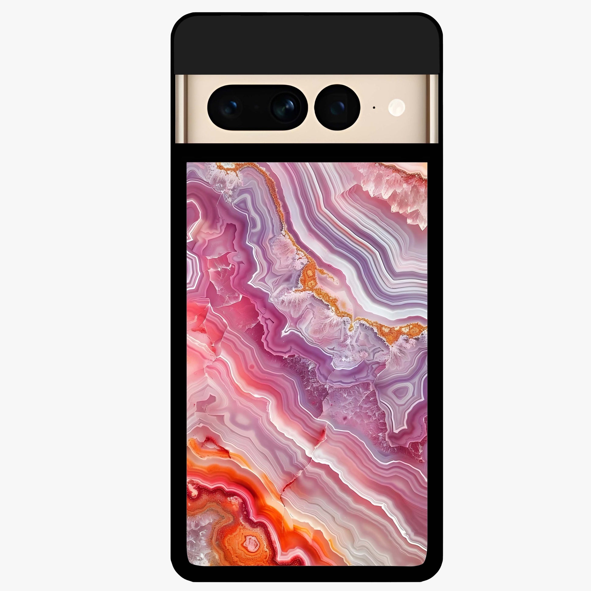 Rose Quartz Marble Glass Case showing flat back view with pink marble quartz texture artwork and glossy glass finish.
