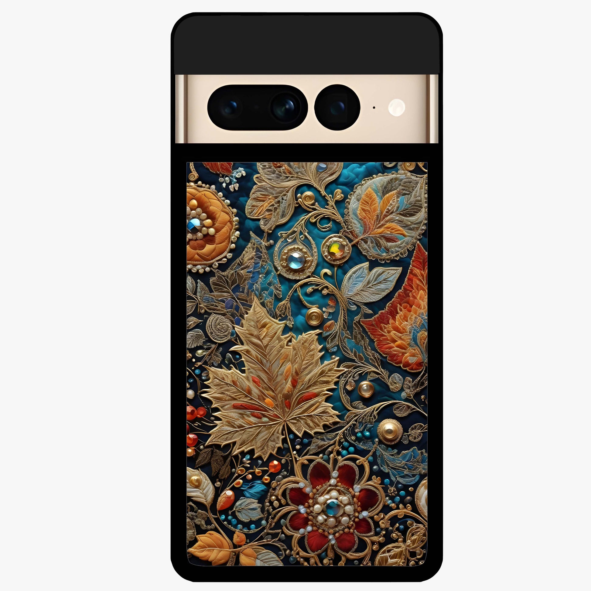 Royal Jewel Garden Glass Case showing flat back view with decorative floral garden artwork and glossy glass finish.