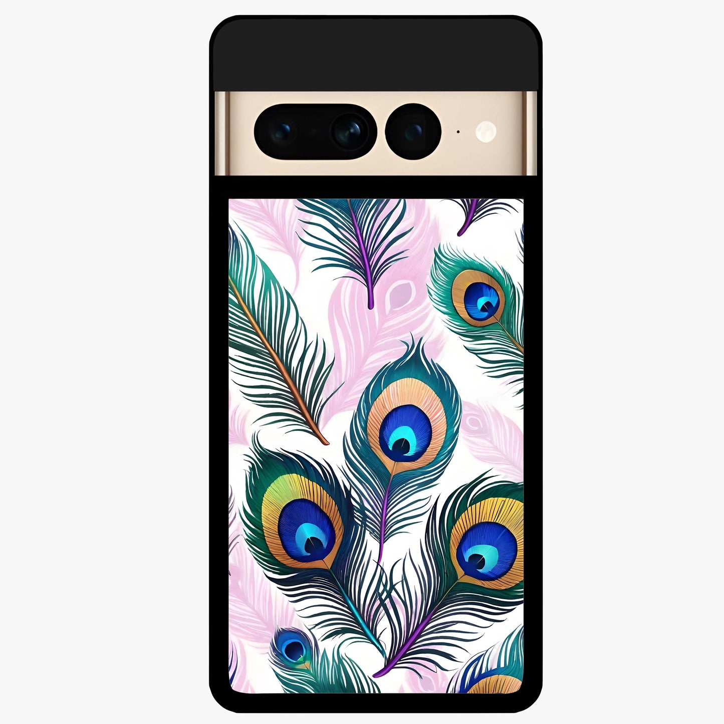 Royal Peacock Feathers Glass Case showing flat back view with colorful peacock feather artwork and glossy glass finish.