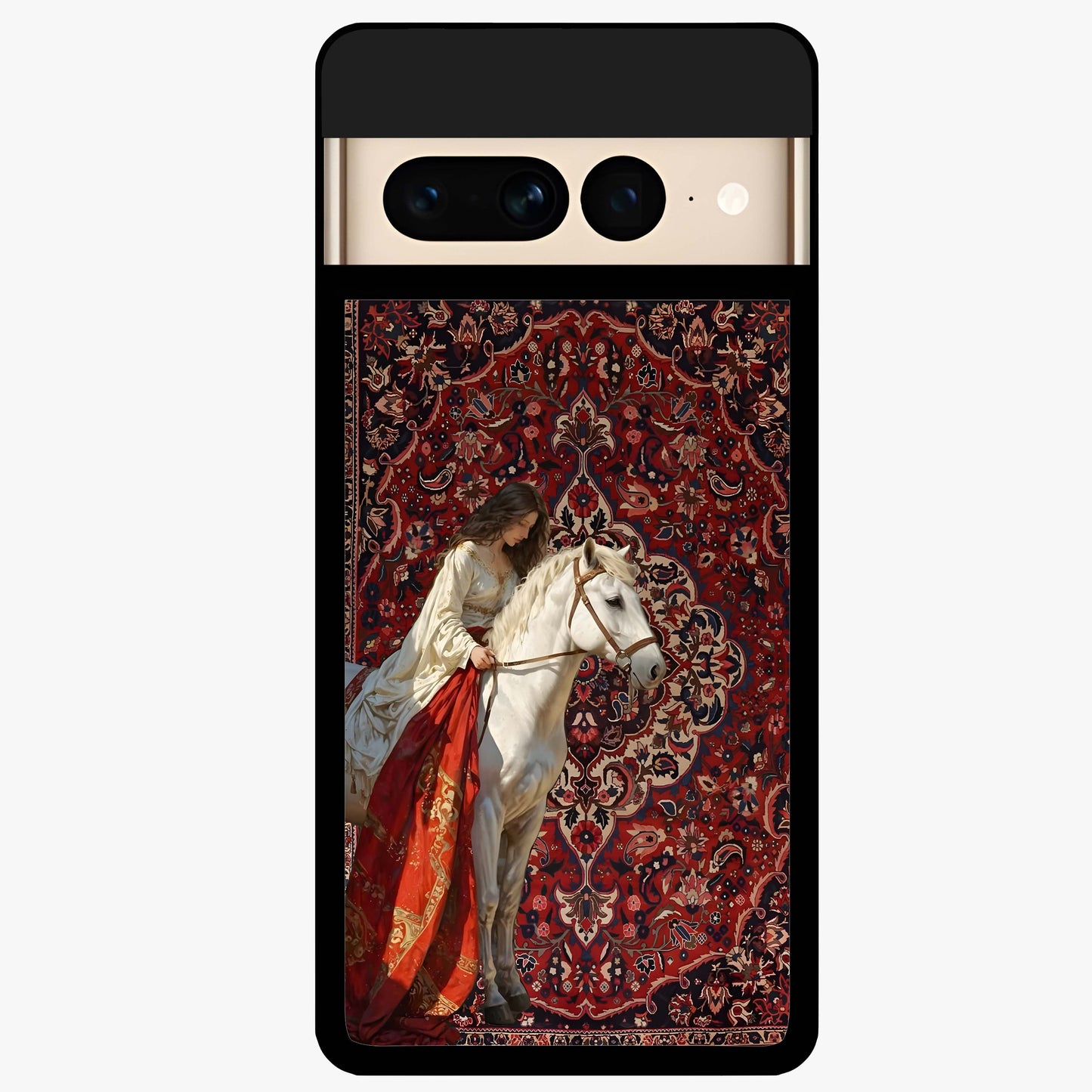 Royal Rider Tapestry Glass Case showing flat back view with majestic horse rider tapestry artwork and glossy glass finish.