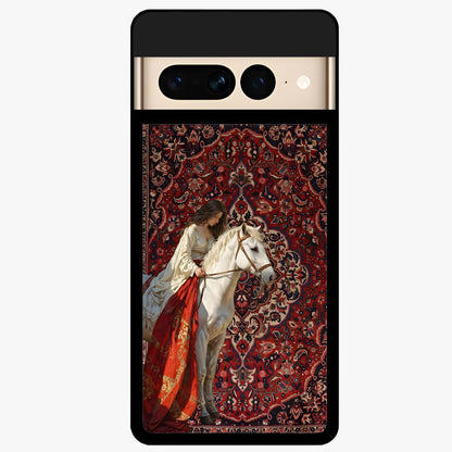Royal Rider Tapestry Glass Case showing flat back view with majestic horse rider tapestry artwork and glossy glass finish.